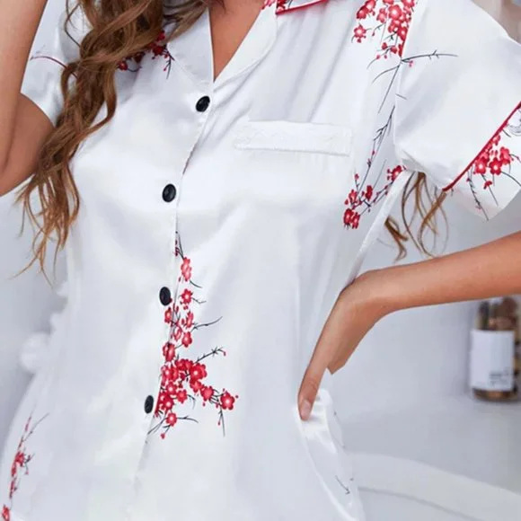 White Floral Satin PJ's Pyjama Set - Picture 4 of 8